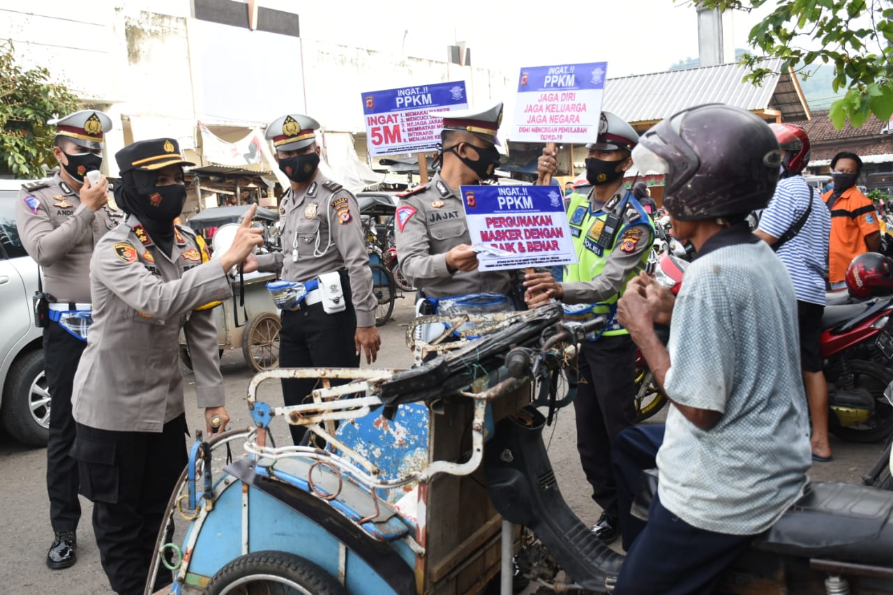 Gunakan Alat Peraga, Kapolres Banjar Sampaikan Sosialisasi PPKM DI Pasar Kota Banjar