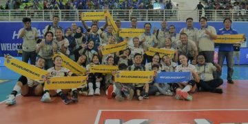 Pemain Bandung bjb Tandamata merayakan kemenangan 3-0 atas Medan Falcons pada laga Proliga 2026 di GOR Voli Indoor Sumatera Utara.